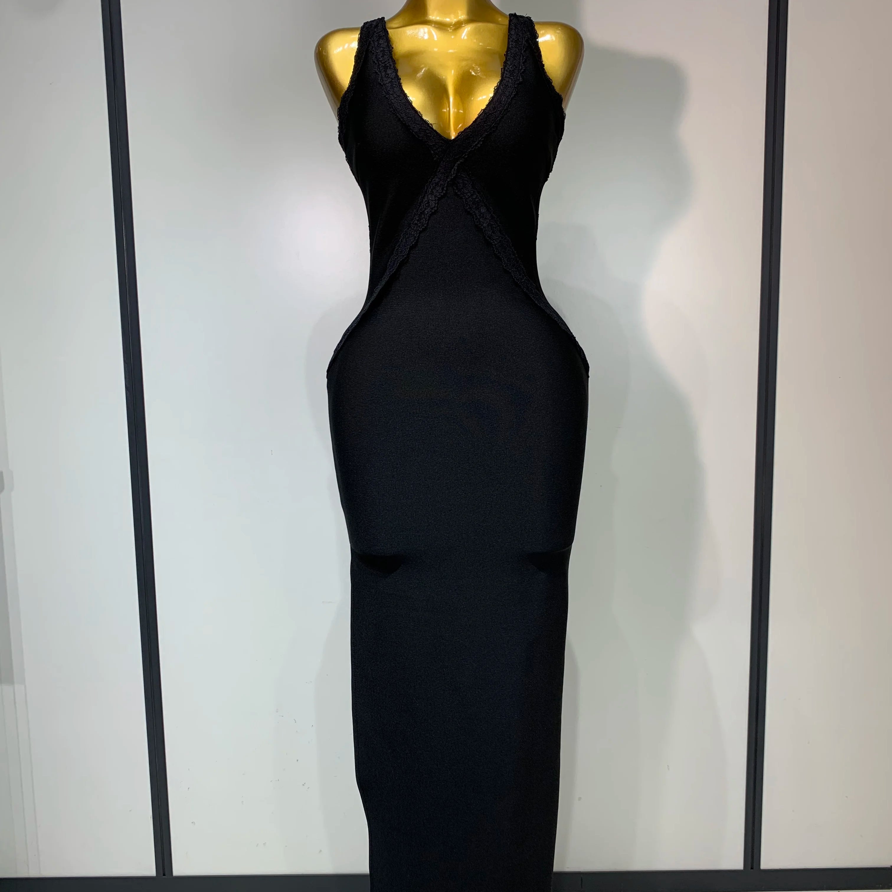 High Quality Sexy V Neck Black Lace Prom Dress Sleeveless Evening Party Gown Celebrity Elegant Luxury Birthday Club Dresses