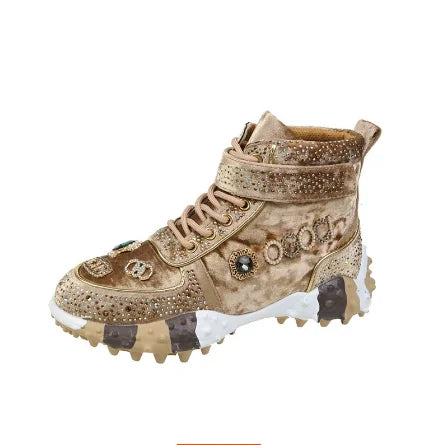 Hot Leather Casual Shoes Rhinestones High Top Sneakers Women Vulcanized Lace Up New Internet Celebrity All-Match Flat Thick Sole khaki-6708