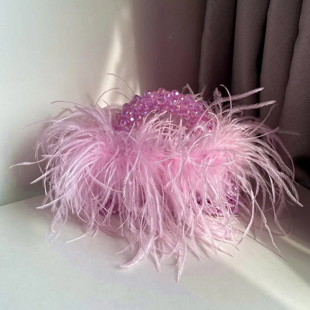 Pearl Bead Bag With Ostrich Feather Fur Designer Brand Clear Acrylic Crystal Stone Box Tote Handbag Women Handmade Party Purse pinkblink