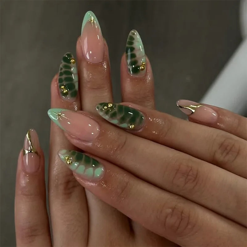 24Pcs Mid-length Almond Press on Fake Nails 3D Ripple Heart Pearl Star False Nails Blue Smudge Detachable Full Cover Nails Tips