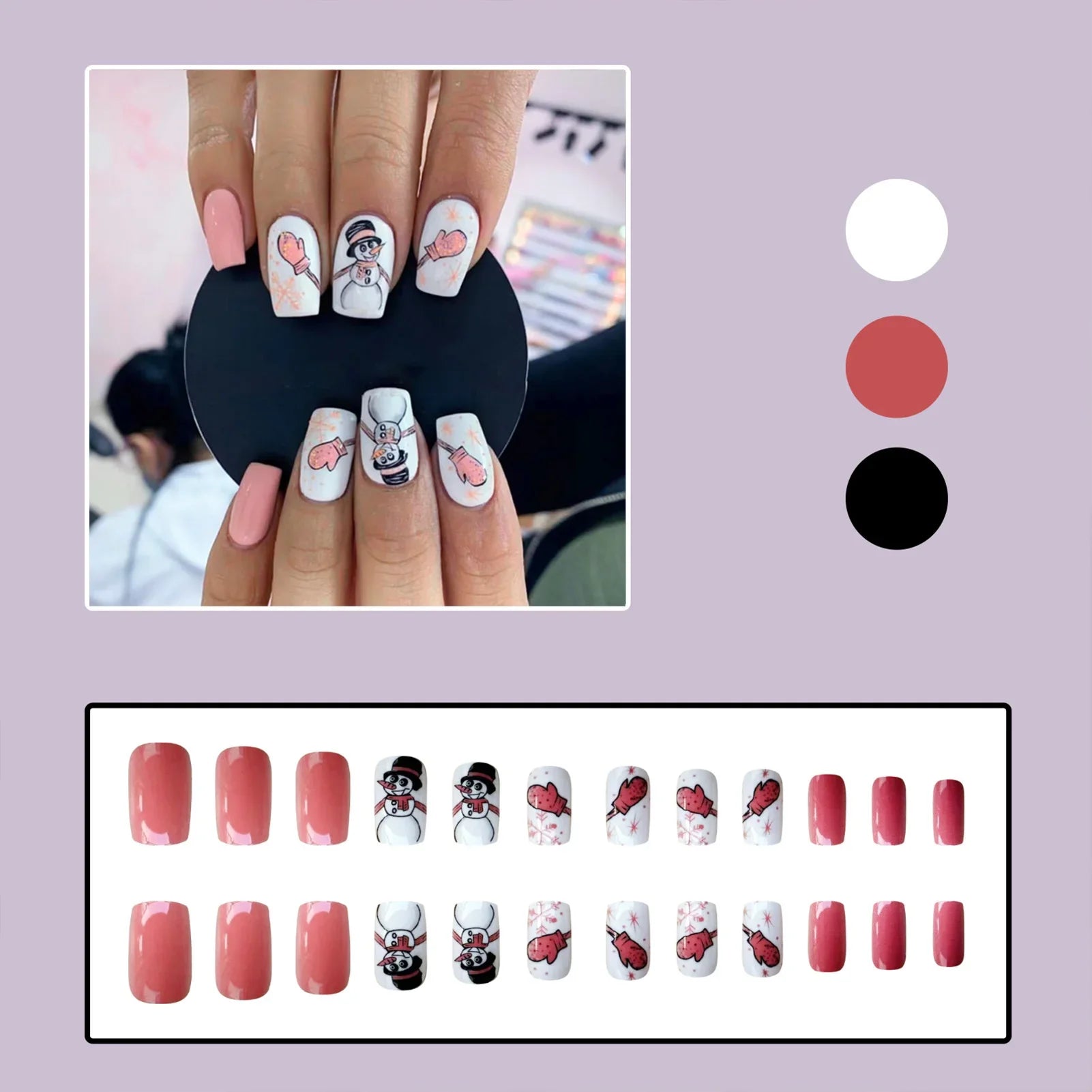 Short Square Fake Nails for Christmas Party 24Pcs White/Pink Press On Nails Snowman/Snowflake Printed Stick-on False Nails