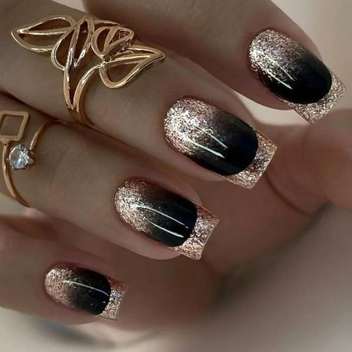 24pcs/set short sqaure almond fake nails geometric aurora gradient heart glitter designs faux ongles press on acrylic false nail