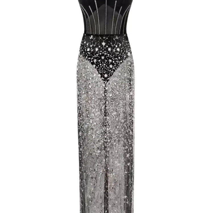 Fashion Black Color Women Sexy Strapless 2 Pieces Bodycon Long Dress Mesh Sequins Nightclub Party Celebrate Dress