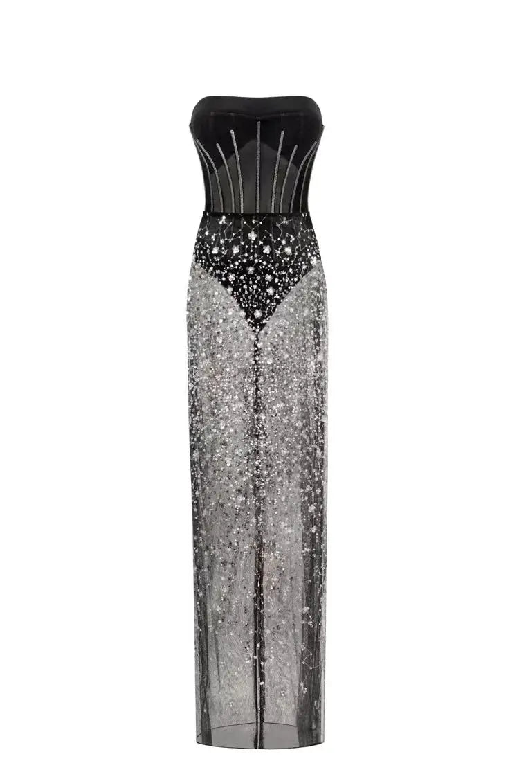 Fashion Black Color Women Sexy Strapless 2 Pieces Bodycon Long Dress Mesh Sequins Nightclub Party Celebrate Dress