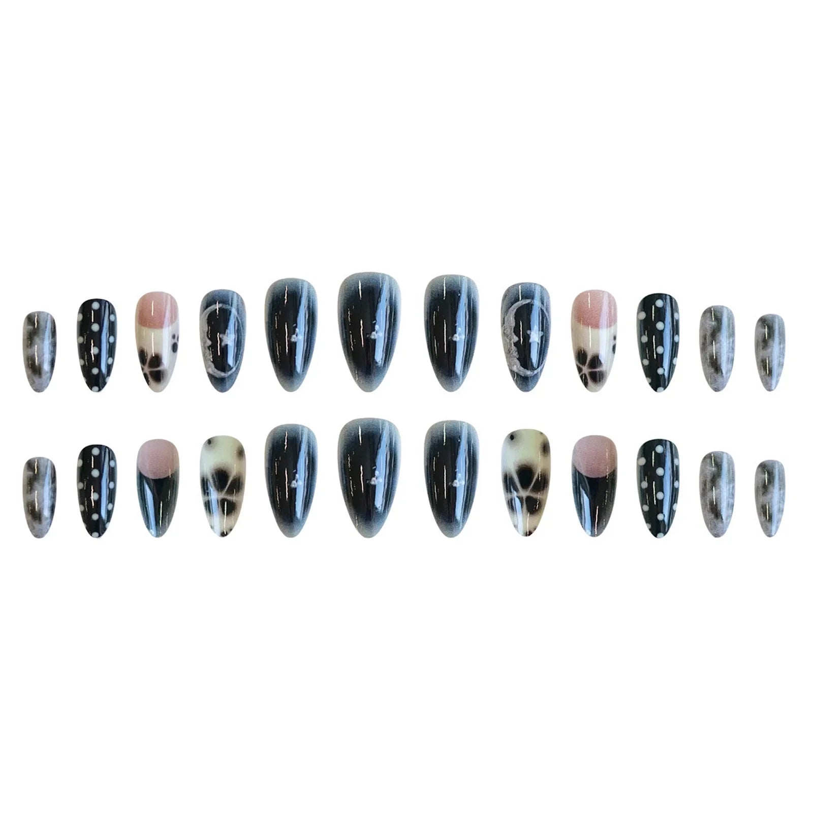 Gradient Black Almond False Nails White Dot Printed 24Pcs French Press On Nails Flower/Star Decor Stick-on Fake Nails Art