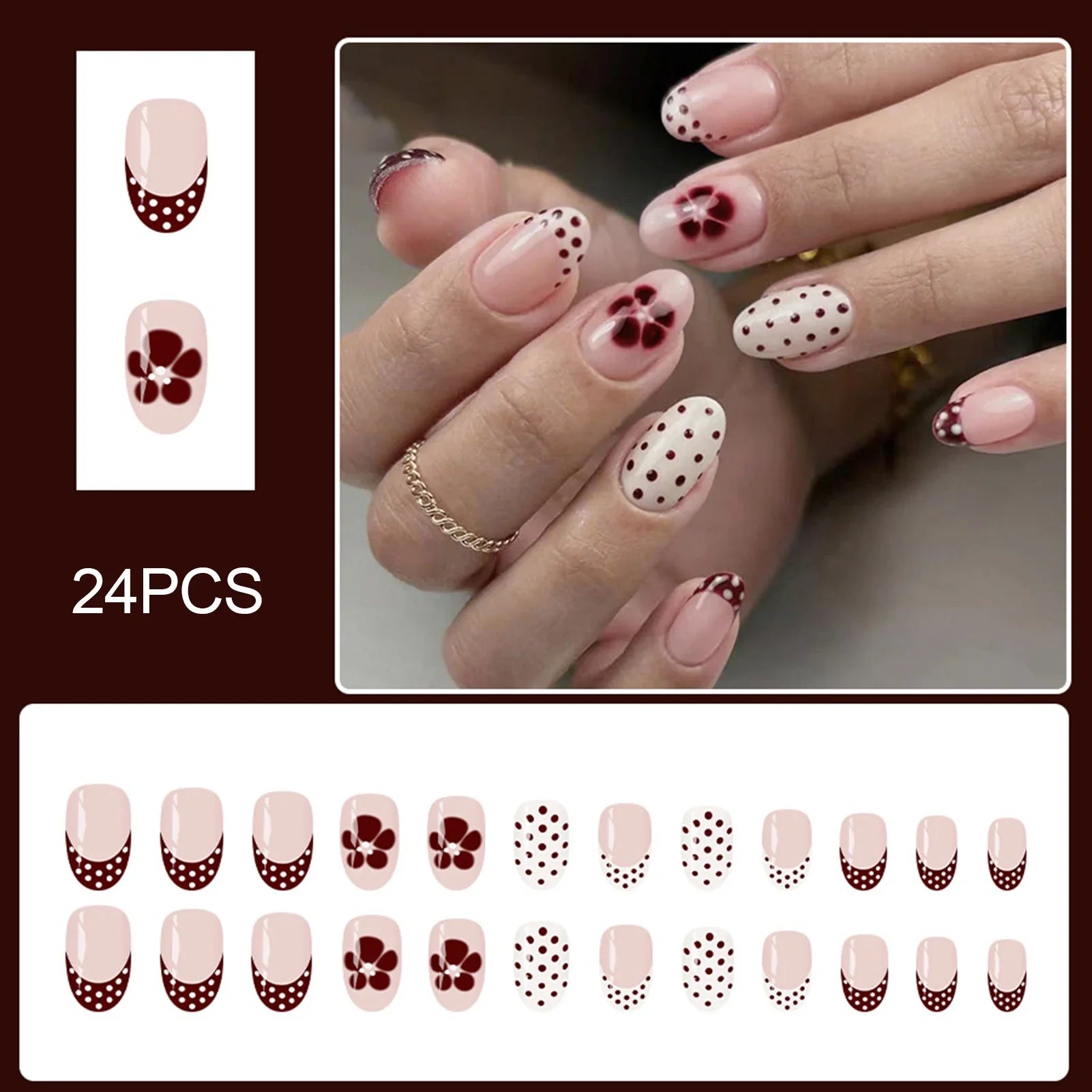 24Pcs Red Brown French Press on Nails Polka Dot Flower Printed Short Oval Shaped Fake Nails Nude Color Charm Manicure Nails Art