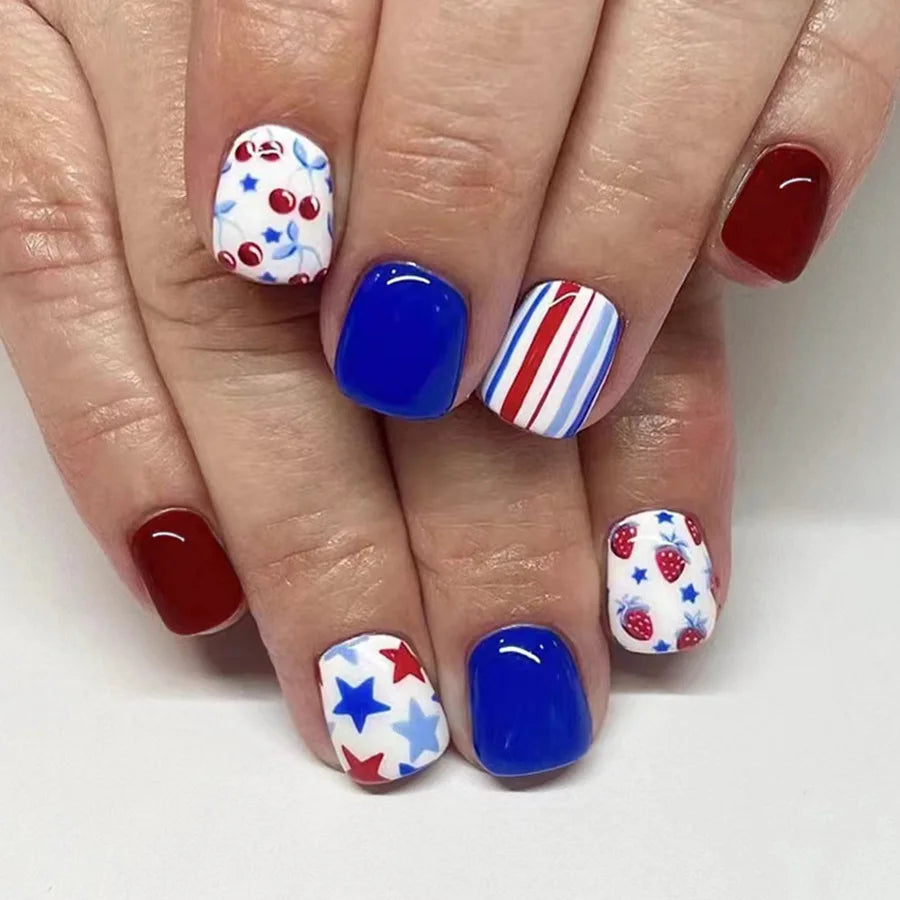 24pcs/set short square fake nails for US Independence Day blue red white star strawberry with glitter press on false nail tips