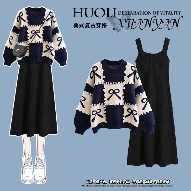 Japanese style lazy knitted sweater with dress two-piece autumn and winter suit for women new large size women's clothing Suit 2