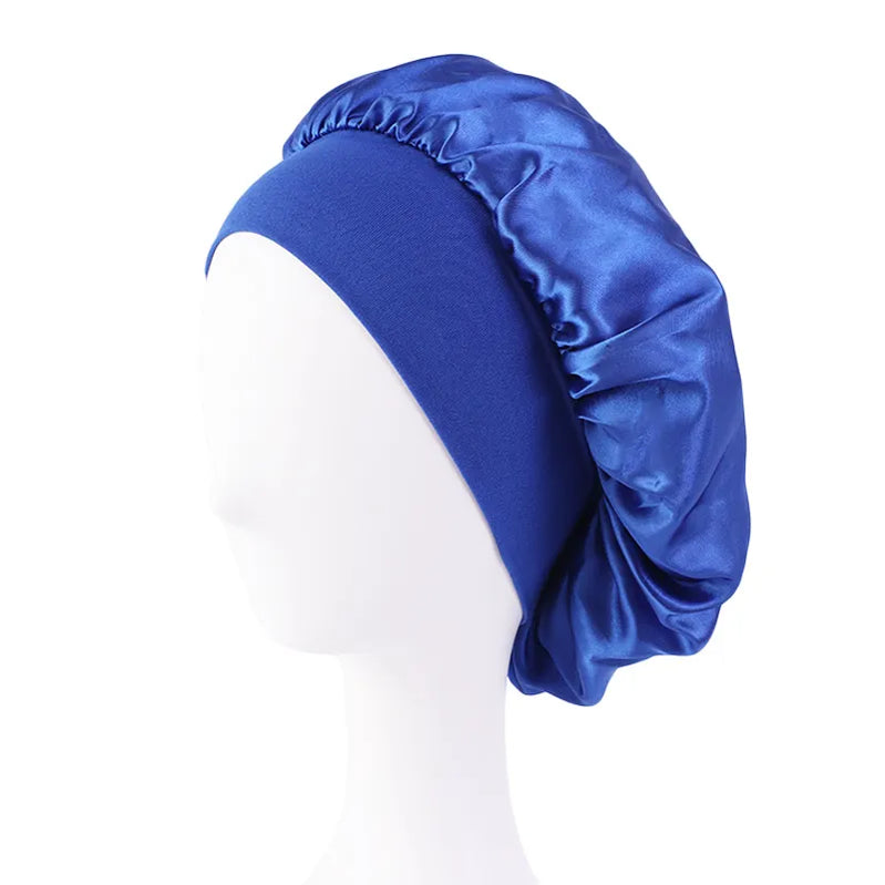 Women's Satin Solid Wide-brimmed Sleeping Hat Unisex Head Wrap Elastic Band Cap Hair Care Bonnet Night Hat bonnet de nuit Royal Blue
