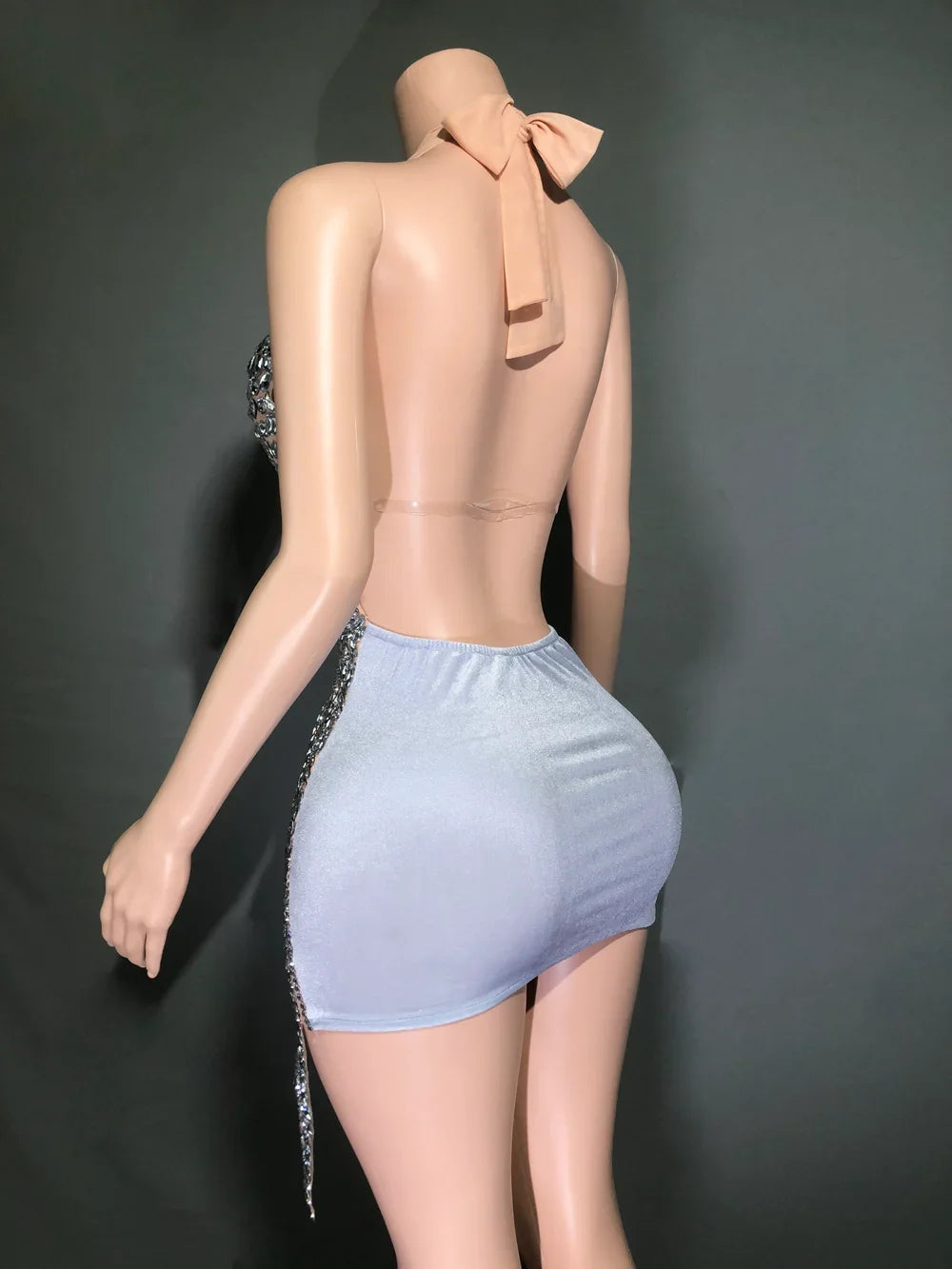 Sparkly Rhinestones Evening Prom Celebrate Birthday Dress Sexy Halter Backless Mesh Velvet Short Dress Performance Stage Wear