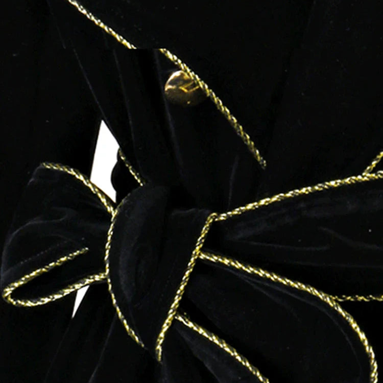 Spring Autumn Long Black Velvet Trench Coat for Women with Gold Trim Sashes Double Breasted Luxury Designer Fashion 2022