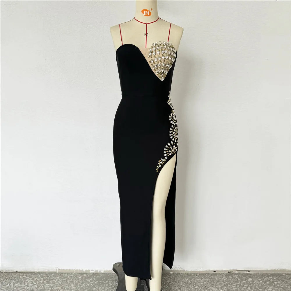 Women Sexy Strapless Shinning Crystal Bodycon Bandage Long Dress Celebrate Evening Party Red Carpet Outfit Vestido