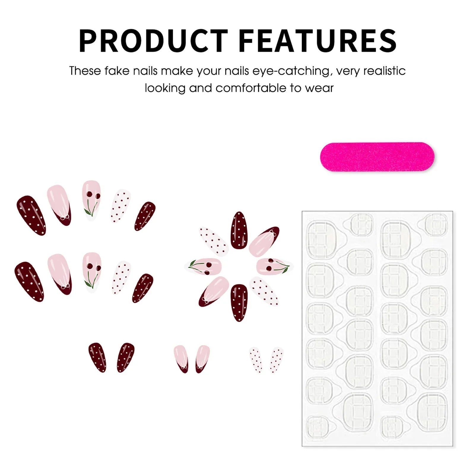 24Pcs Wine Red Almond Fake Nails with Polka Dot/Bowknot/Cherry Designs French Press On Nails Women Girls New Year Charm Manicure