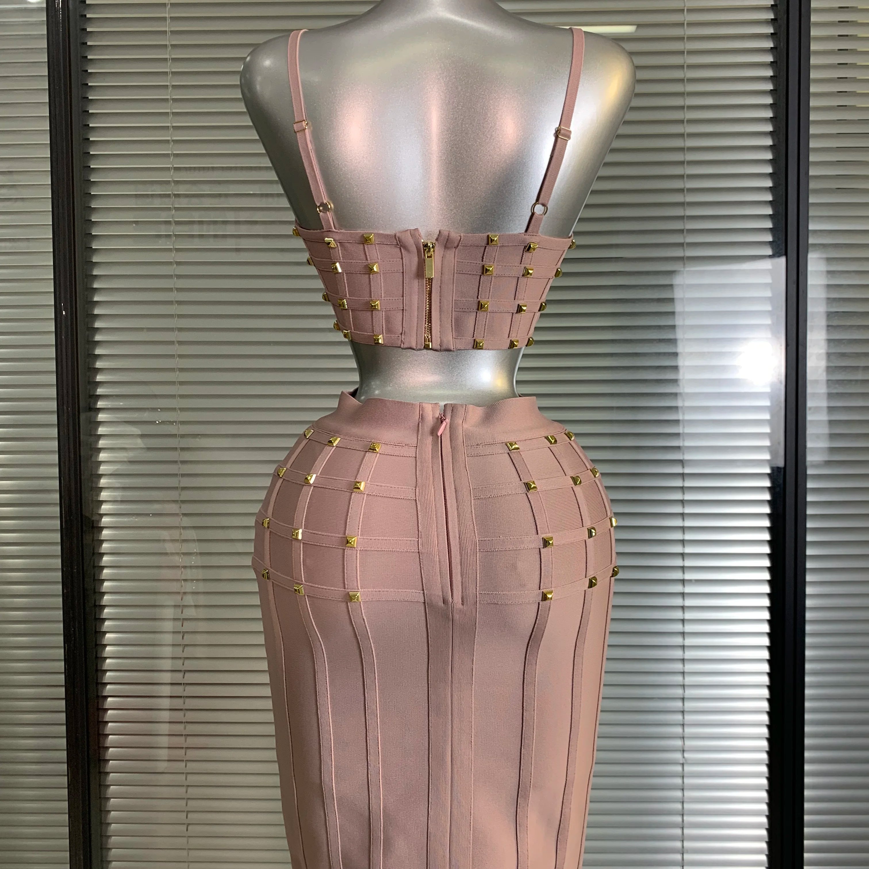 Summer New 2025 Women Sexy Pink Rivet Bandage Two Piece Set Celebrity Evening Party Skirt Suits
