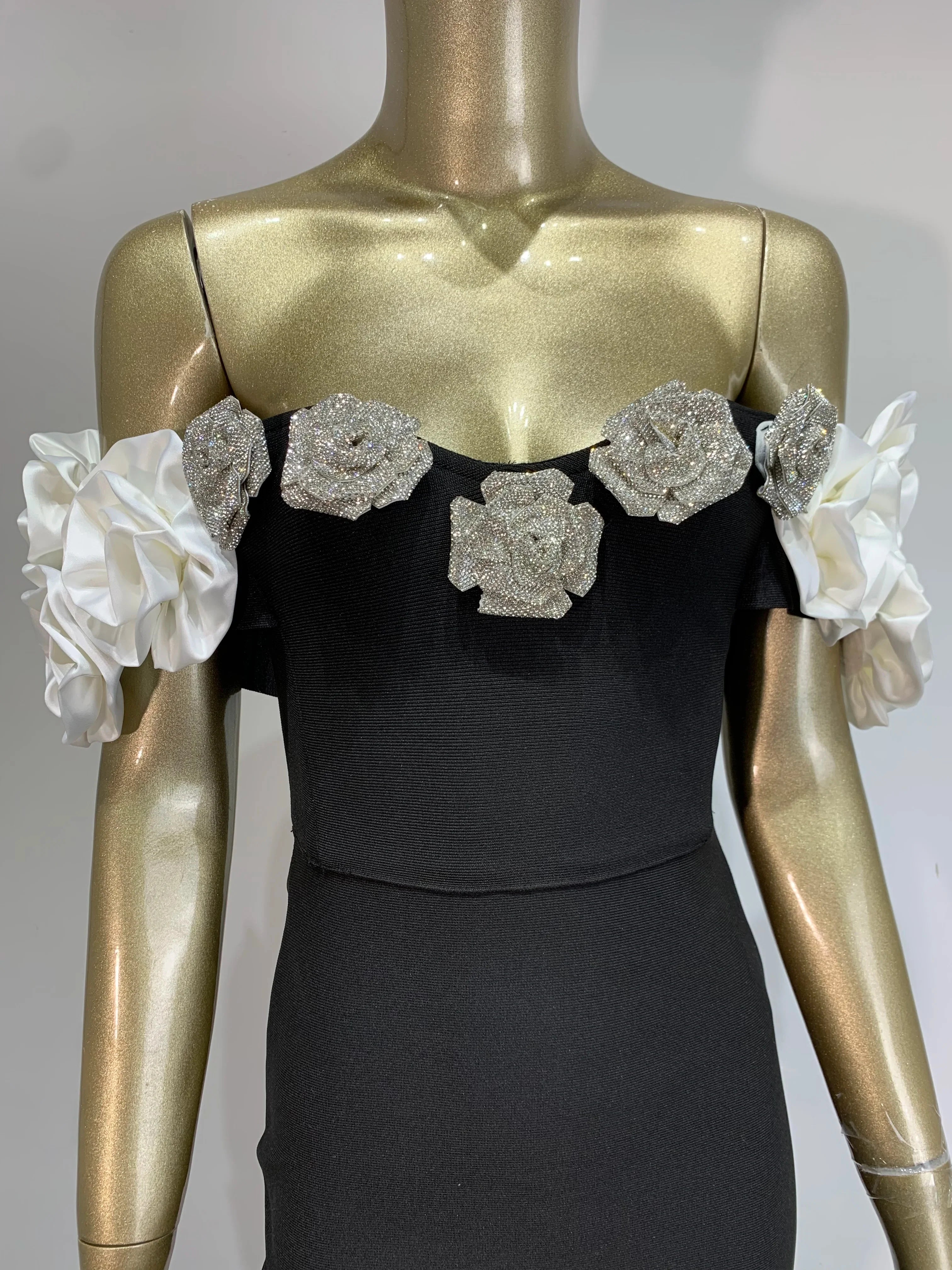 Vestido longo longo colado ao corpo, sexy, tomara que caia, preto, com flores, para festa e boate, para mulheres, celebridades, verão