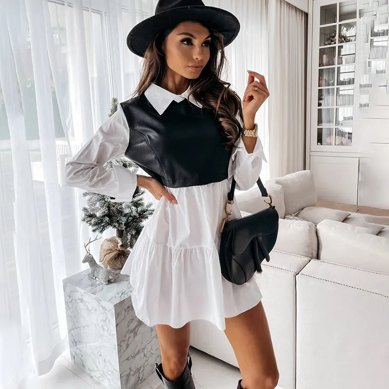 Casual Long Sleeve White Shirt Dress For Women Autumn PU Leather Patchwork Plaid Sweet Office Ladies Mini Dresses Vestidos black