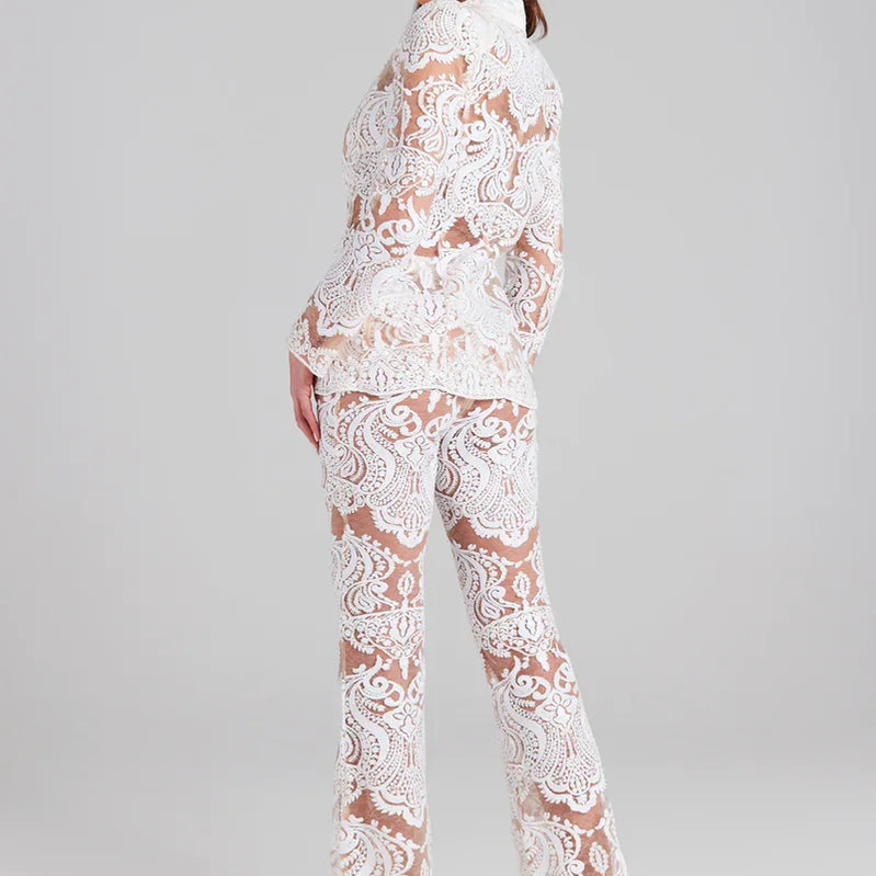 2023 High Quality White Lace Fashionable Woman Set Sexy See Through Suit Coat And Flare Pants 2 Pieces Evening Party Outfit