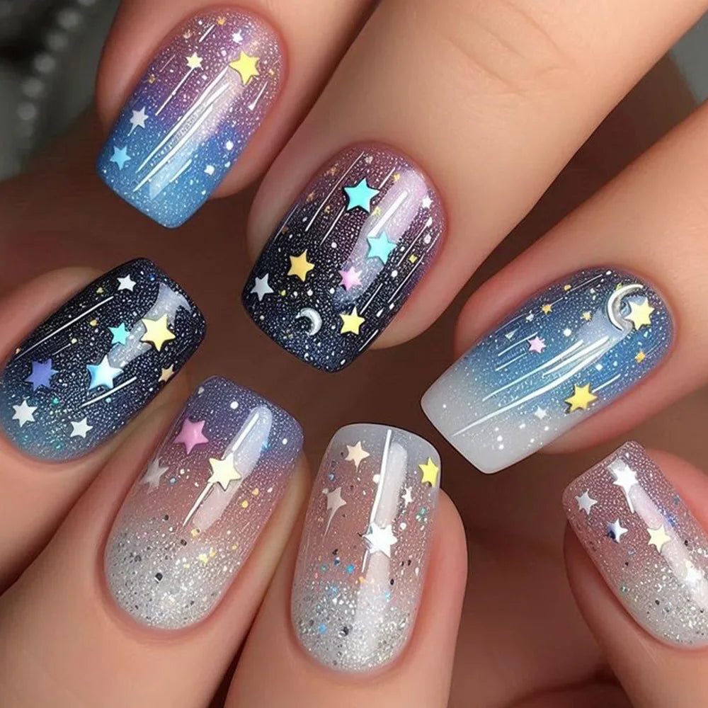 24Pcs Fake Nails with Colorful Starry Sky Square Press on Nails Full Cover Dreamy Star Moon Meteor Girl Detachable Nail Tips Art