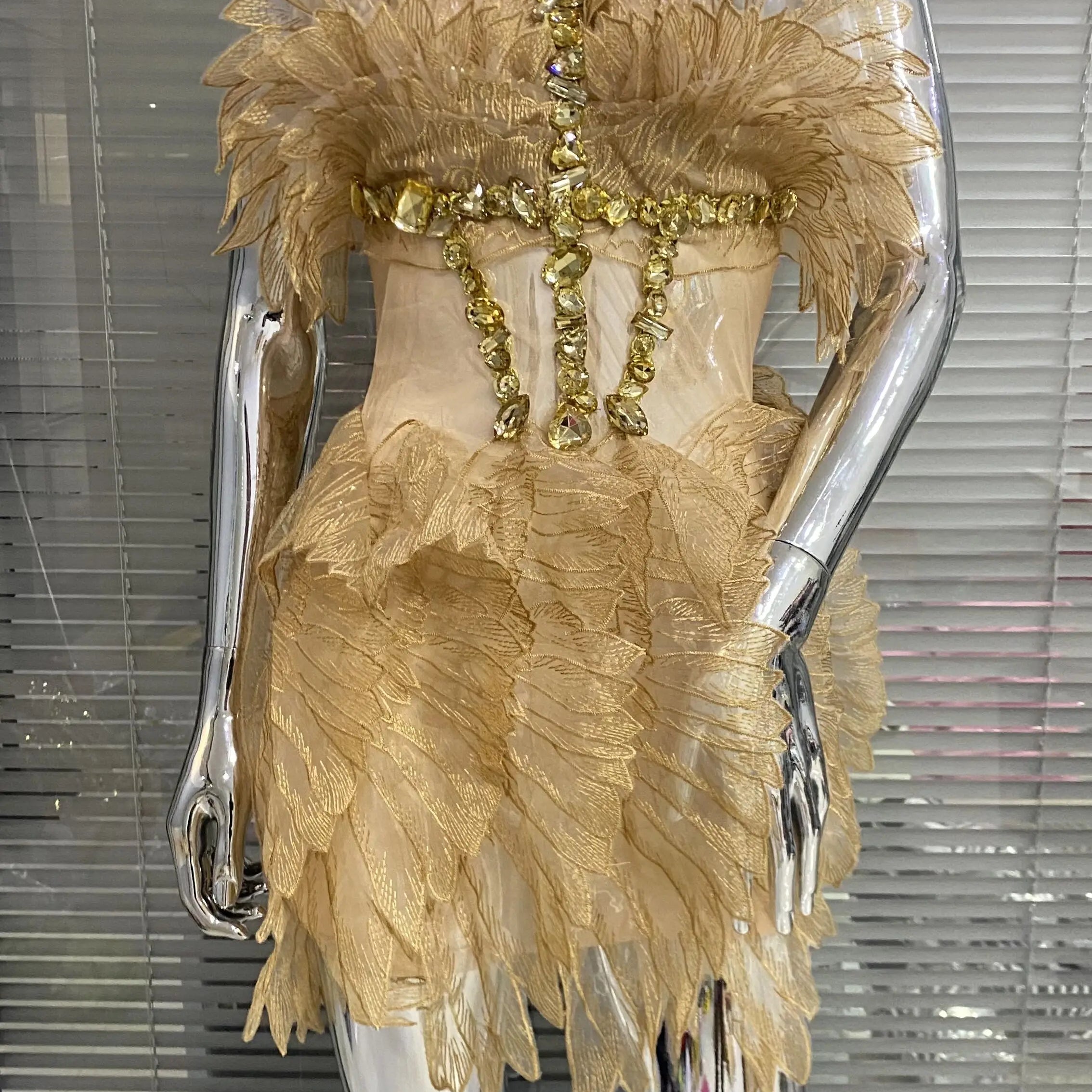 Gold Color Women Sexy Halter Crystal  Bodycon Mini Dress Celebrate Birthday Party Girls' Nightclub Bar SInger Dress