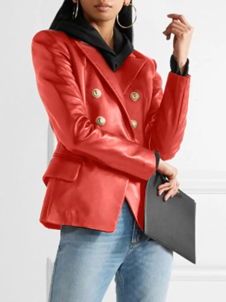 Solid Work Outerwear Women PU Leather Jacket Autumn Buttons Thin Blazer Vintage Long Sleeve Casual Lapel Collar Coat Red