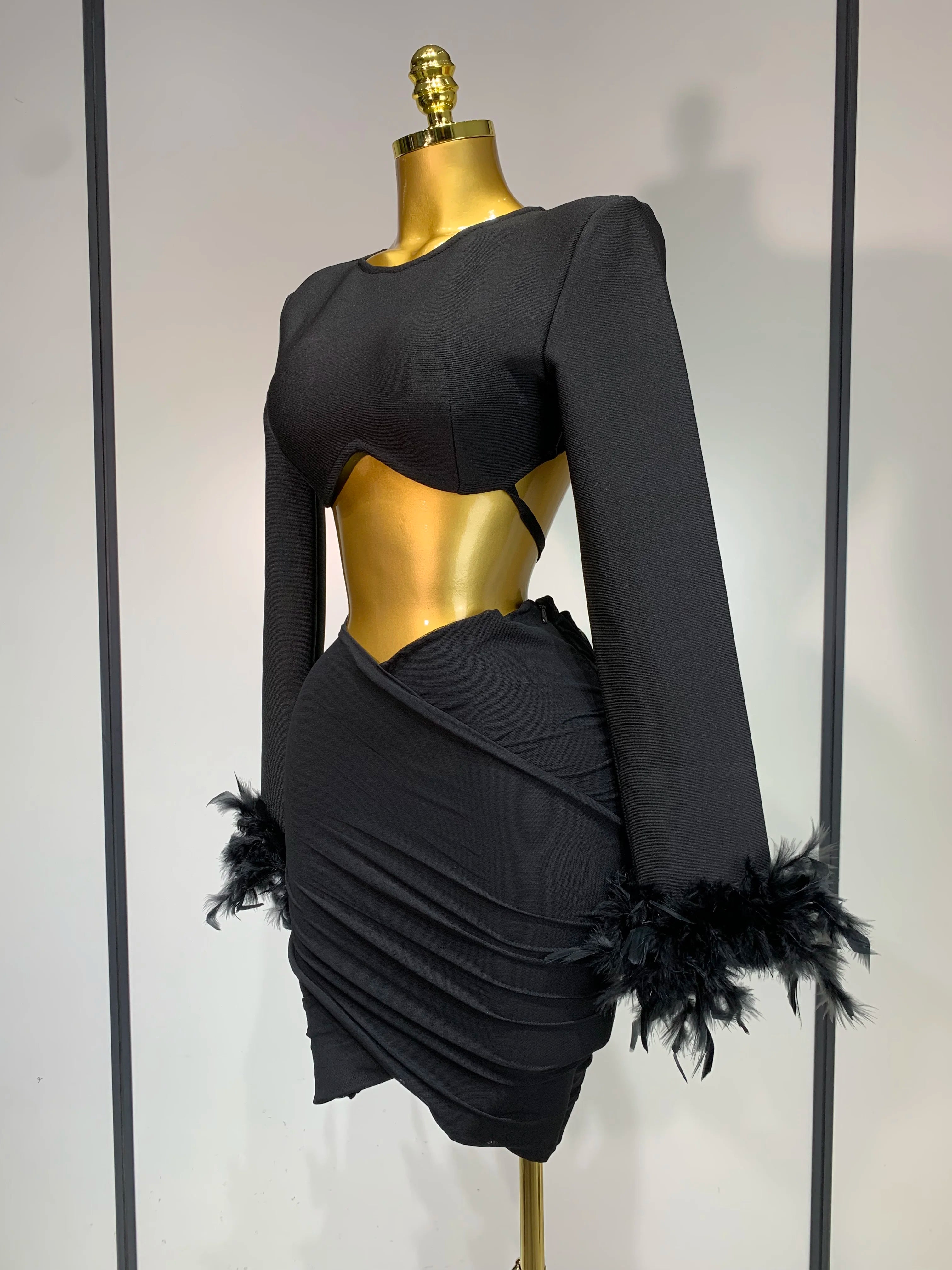 Luxury Birthday Dress Women Sexy Long Sleeve Feather Black Mesh Mini Bodycon Bandage Dress Elegant Evening Club Party Dress 