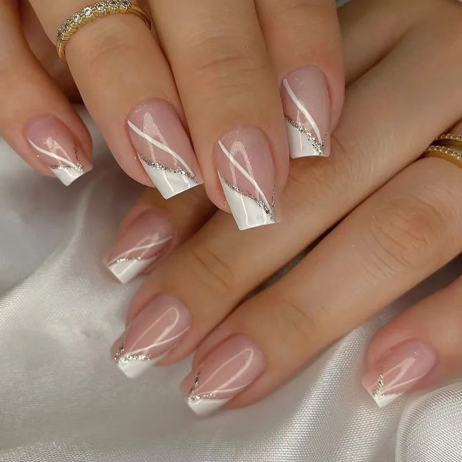 24Pcs Short Square Press on Fake Nails with French Stripe Pink Glitter Nail Set Art Finished Wearable Full Cover False Nail Tips