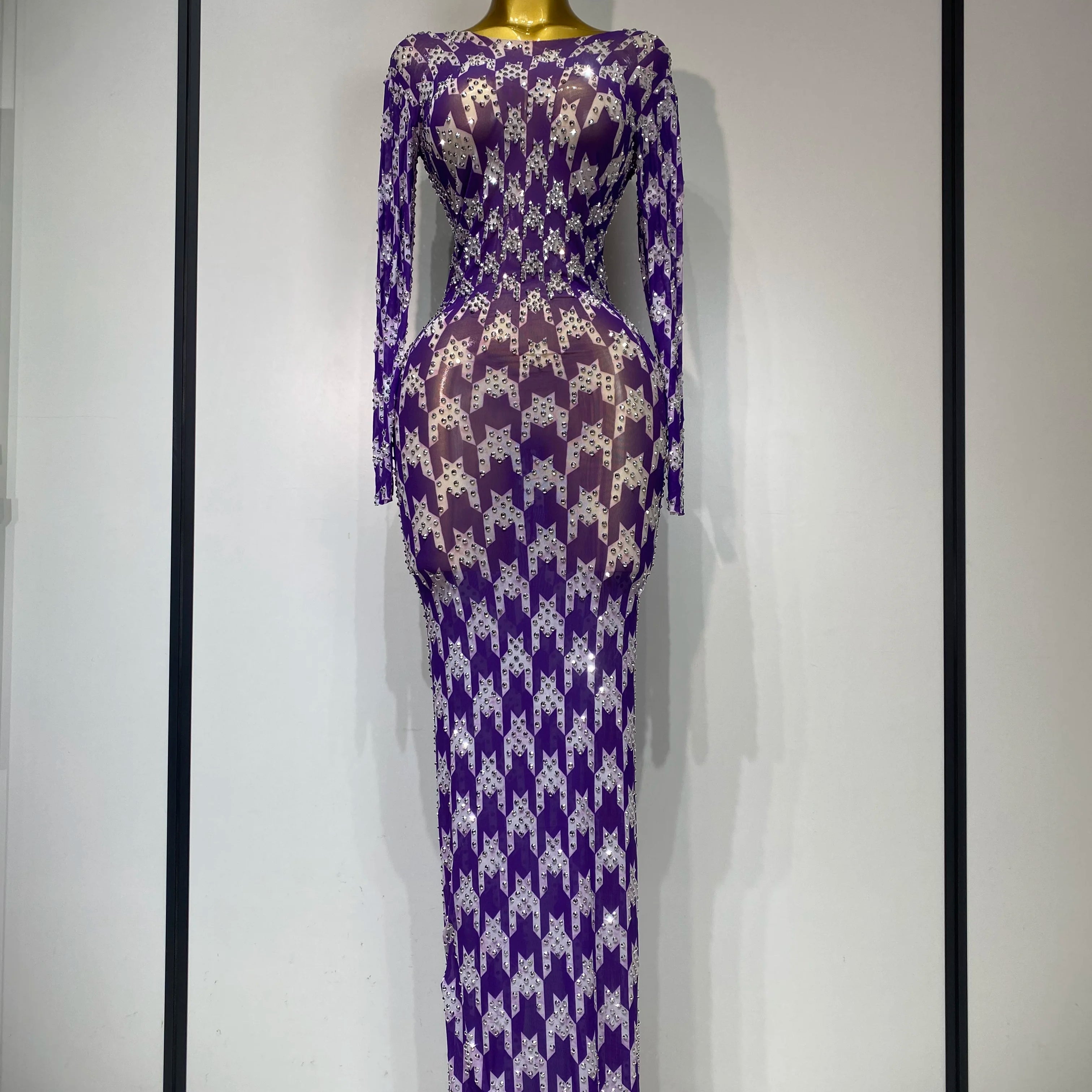 Sparkly Rhinestone Stretchy Mesh See Through Dress Women 2025 Performance Dancer Costume Luxury Birthday Nightclub Stage Outfit