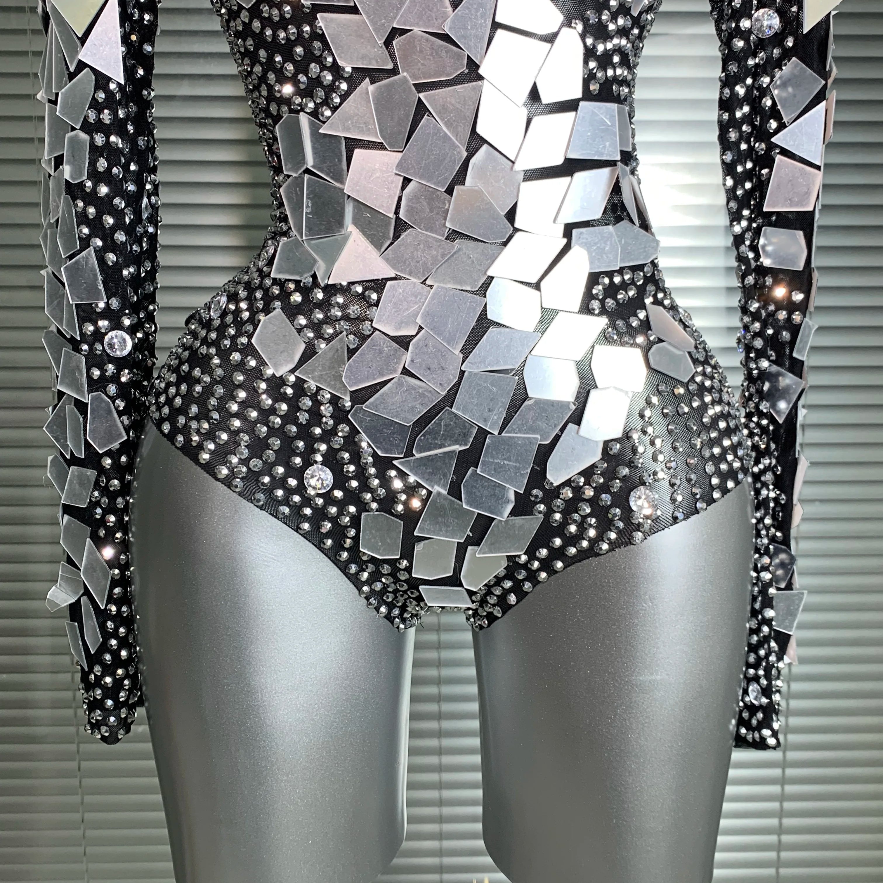 INS New Women Sexy Mesh Rhinestone Mirror Sexy Night Club Bodysuit One Piece Designer Dancer Singer Costume Party Bodysuit