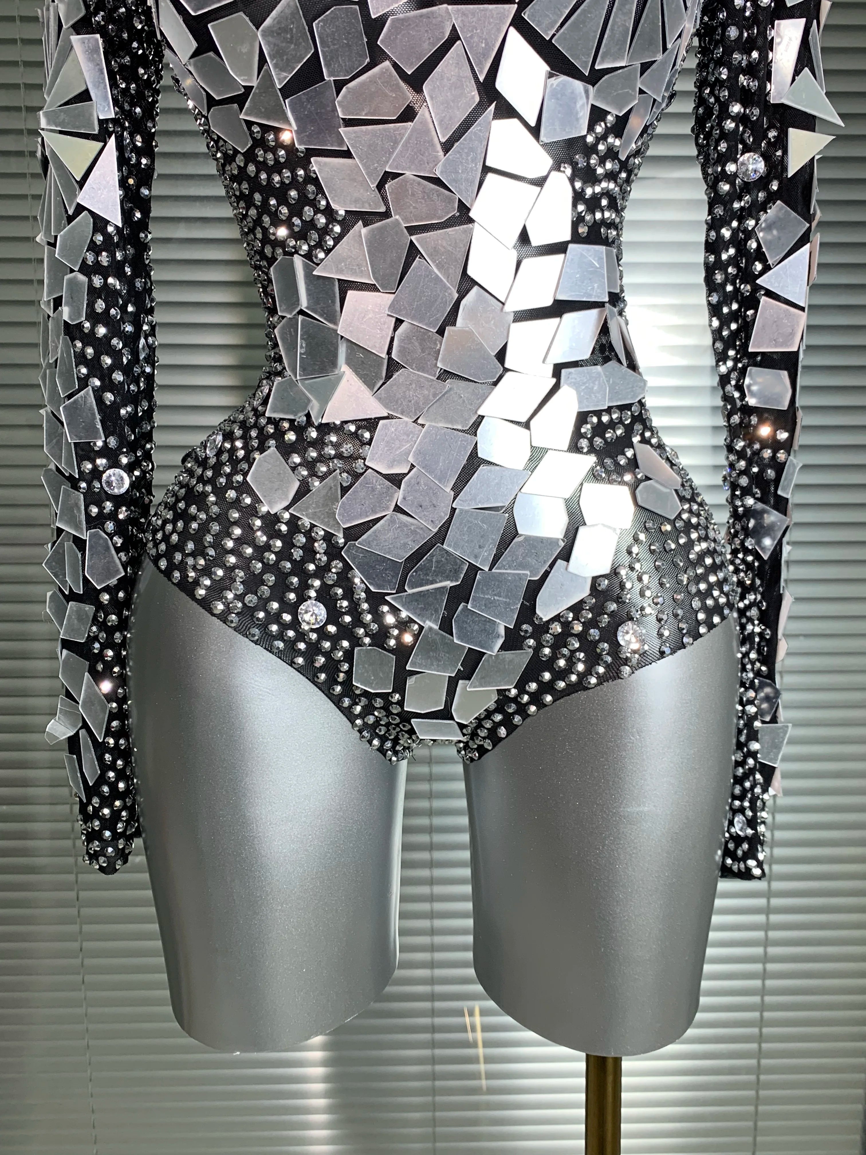 INS New Women Sexy Mesh Rhinestone Mirror Sexy Night Club Bodysuit One Piece Designer Dancer Singer Costume Party Bodysuit