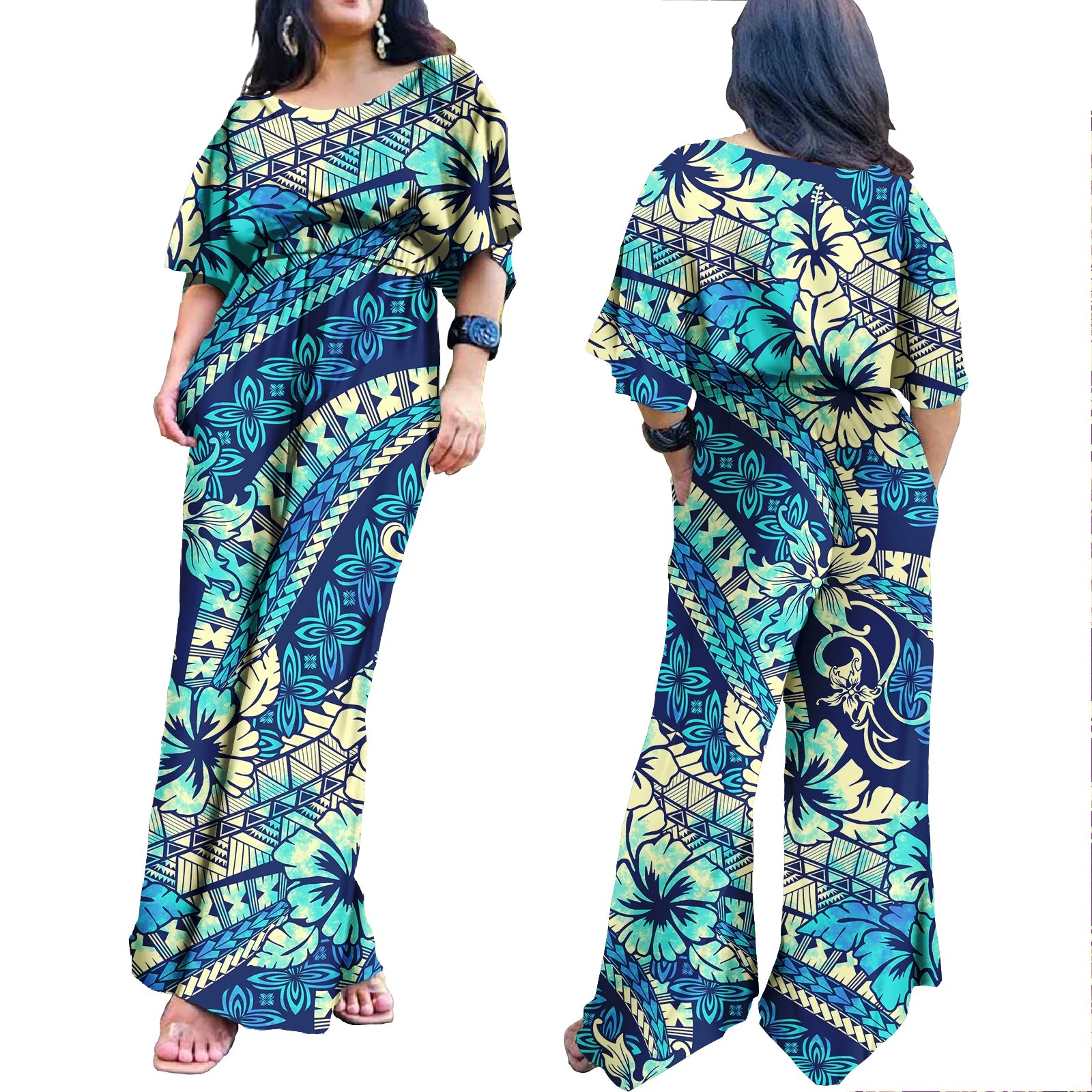 Plus Size Rompers for Women Hawaiian Zipper One Piece Jumpsuit Breathable Romper Polynesian Women Jumpsuit Playsuits