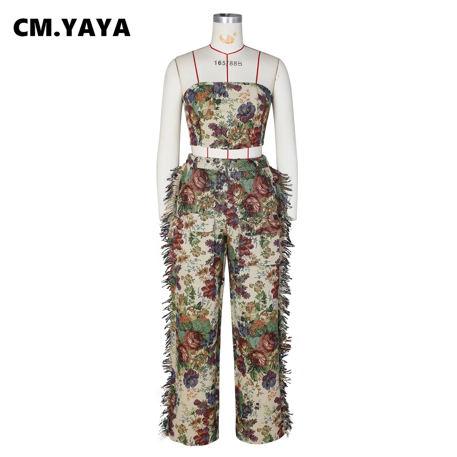 CM.YAYA Fashion Print Women's Set Strapless Top and Wide Leg tassel Pants Summer Cargo Street Two 2 Piece Set Outfit Tracksuit