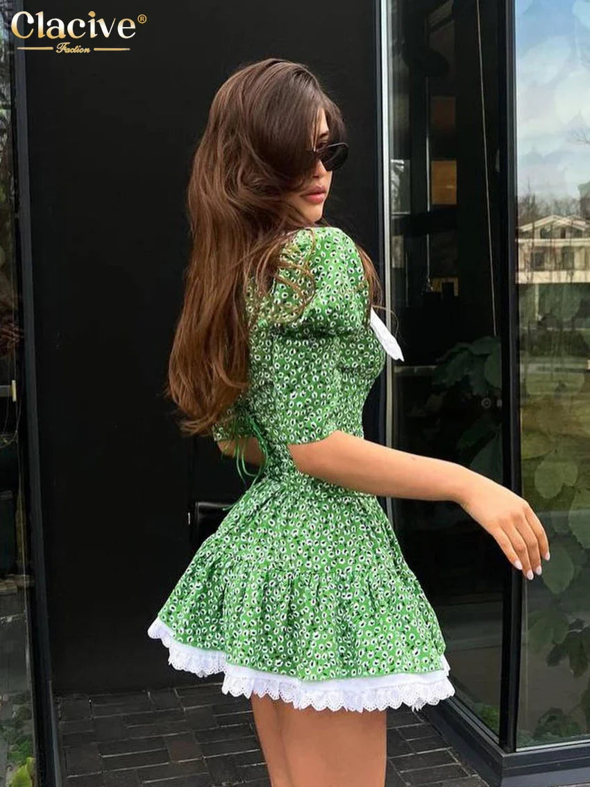 Clacive Summer Slim Print Women'S Dress Bodycon Doll Collar Short Sleeve Mini Dresses Elegant Lace Patchwork Female Dress
