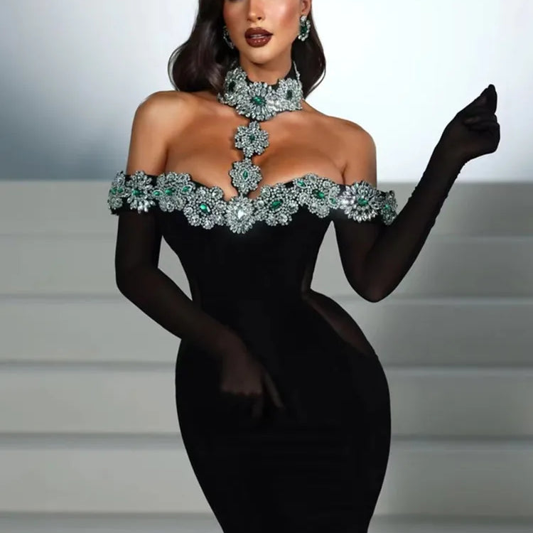 Vestido bandagem de verão 2025 feminino celebridade sexy diamantes cristal preto maxi longo bodycon elegante vestido de festa de clube à noite