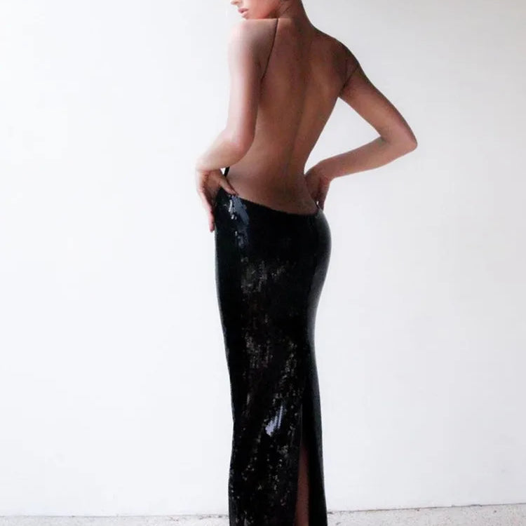 Women Summer Luxury Sexy Backless Halter Black Mesh Sequins Maxi Long Gowns Dress Elegant Celebrity Evening Party Club Dress
