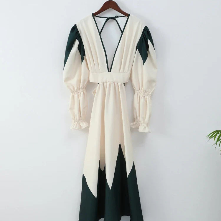 Lady Elegant V-neck Printed Maxi Dress Casual Back Hollow Out Lace Up Lantern Sleeve Robe Women Chic High Street Vestidos