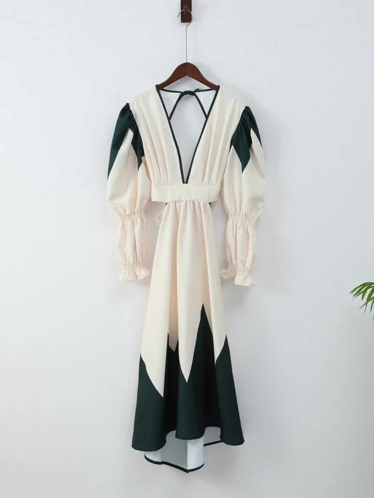 Lady Elegant V-neck Printed Maxi Dress Casual Back Hollow Out Lace Up Lantern Sleeve Robe Women Chic High Street Vestidos