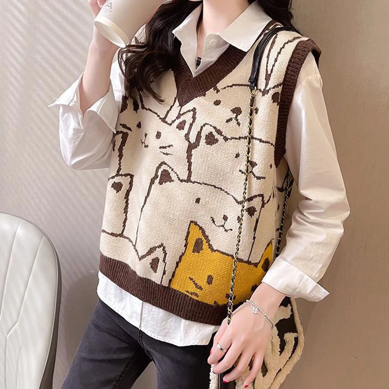 Women Sweater Vests Cat Print Knit Pullover Sleeveless V-neck Tank Sweater Autumn Winter Loose Fitting Top Streetwea Vintage COFFEE 40-57.5kg