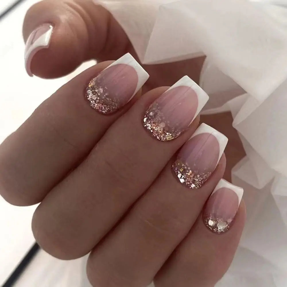 24 peças unhas postiças curtas redondas azul-francês brilhante pérola branco ondulado amor coração cobertura total destacável pontas de pressão