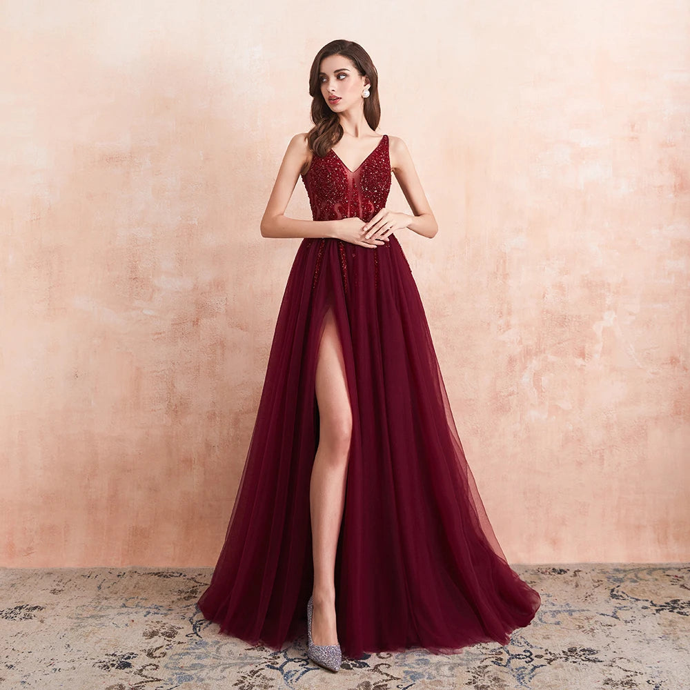 Gorgeous Evening Dresses for Women Sexy Dark Burgundy V Neck Crystal Beaded Beads Drawstring Formal Prom Gown dark burgundy