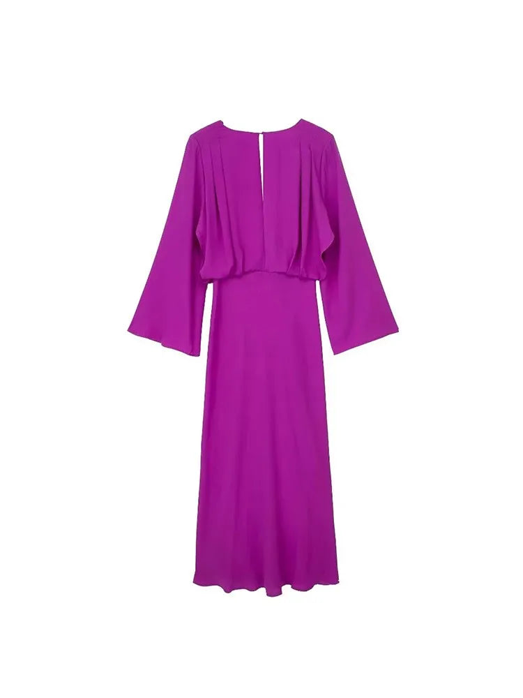 Bohemian Solid V-Neck Dress Women Elegant Flared Sleeve Female Midi Dresses New Spring Loose Beachwear Vintage Casual Vestidos