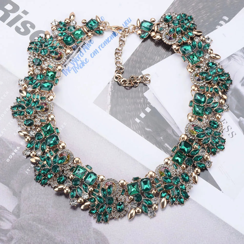 New Fashion Green Crystal Rhinestone Large Collar Big Big Choker Necklace Women Statement Indian Necklace Wedding Jewelry