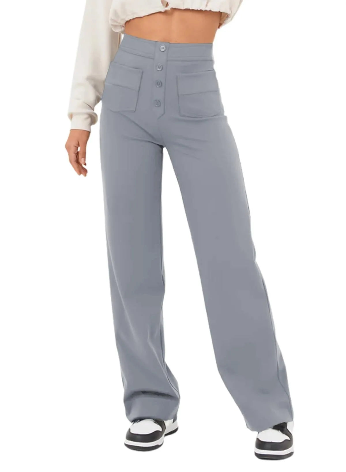 Women's High-waisted Elastic Casual Trousers Fashionable Casual Straight-leg Pants Buttoned Elegant Casual Pants Grey
