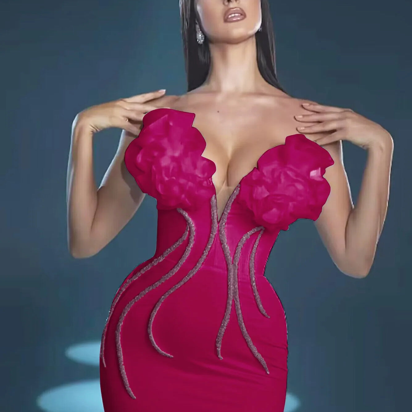 Rosered Color Women Sexy Strapless Florals Bodycon Long Bandage Dress Fashion Celebrate Nightclub Party Birthday Dress