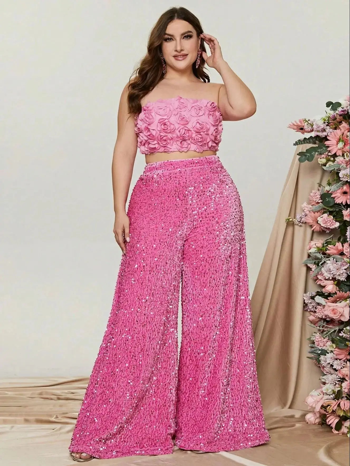 Plus Size Tube Top 3D Flower and Sequin Party Suit