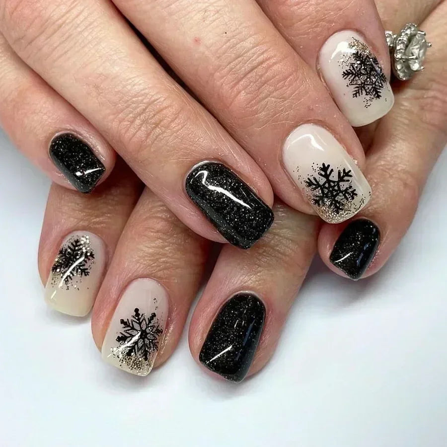 24Pcs Solid Black Short False Nails with Rose Pattern Design Ballerina Square Artificial Full Cover Press on Nail Tips for Girls