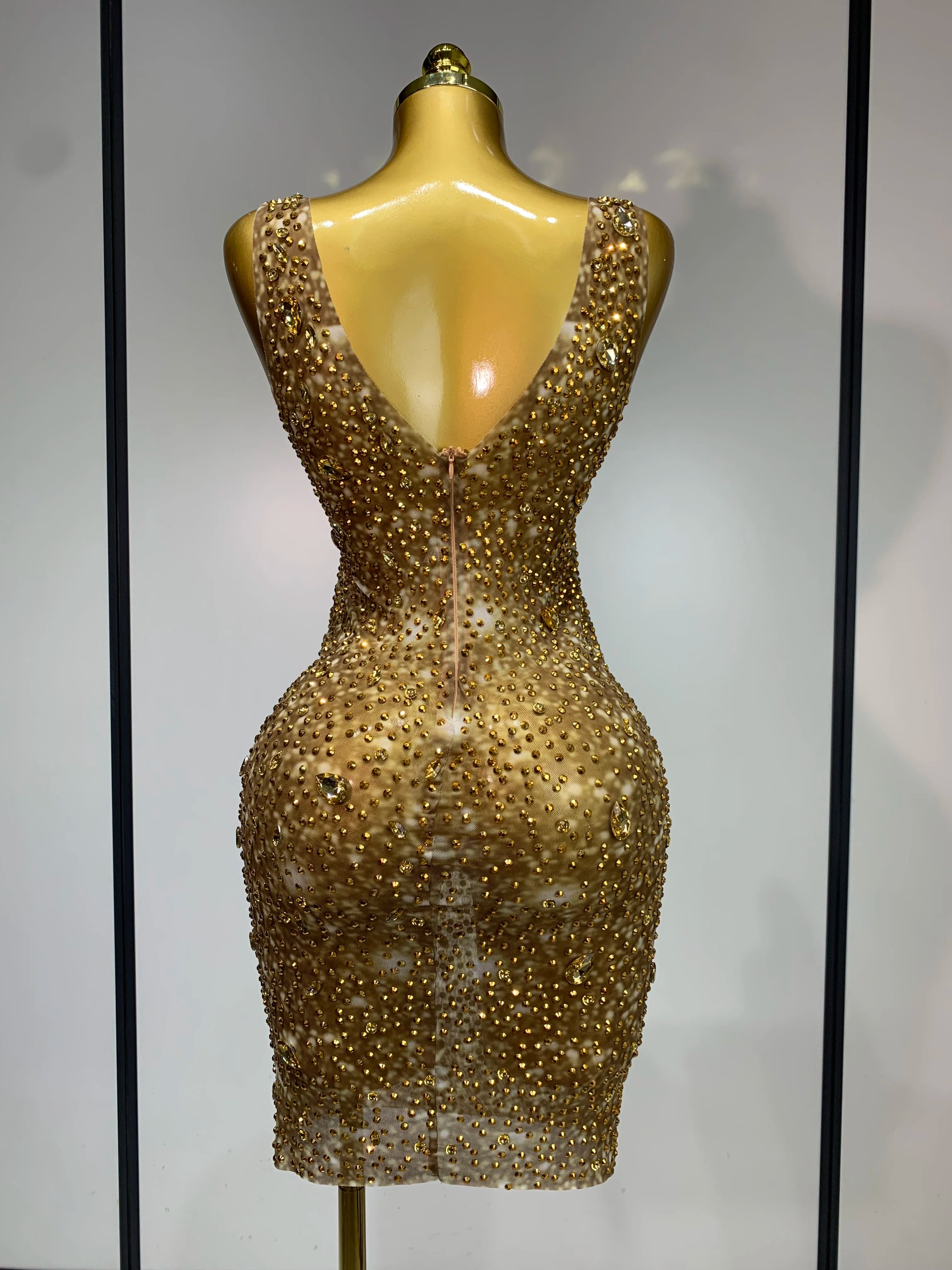 Women Sexy Stage Perform Outfit Club Gown Shining Gold Rhinestones Elegant Mesh Dress Birthday Evening Party Photoshoot Costume