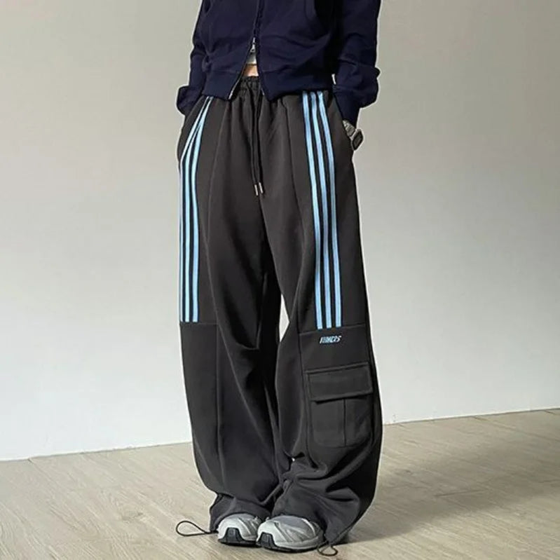 American Retro Lazy Style Wide Leg Pants Women Solid Stripes Elastic High Waist Drawstring Loose Casual Straight Sports Trousers Dark Grey