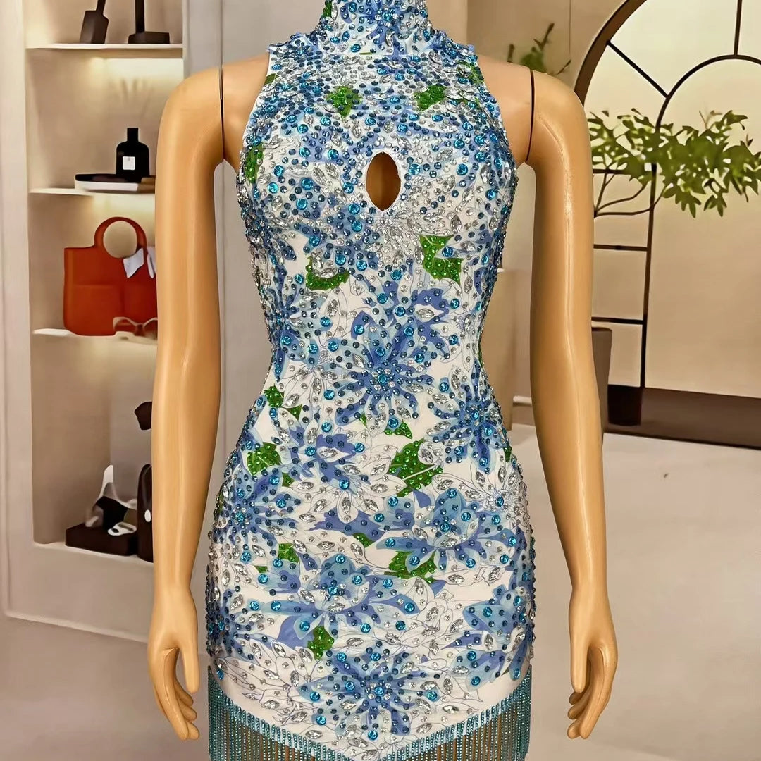 NEW Cheongsam Type Short Dress Sparkly Rhinestone Printing Tassel Elastic Mini Dress for Women Photo Shoot Sexy Dress Lancaihe