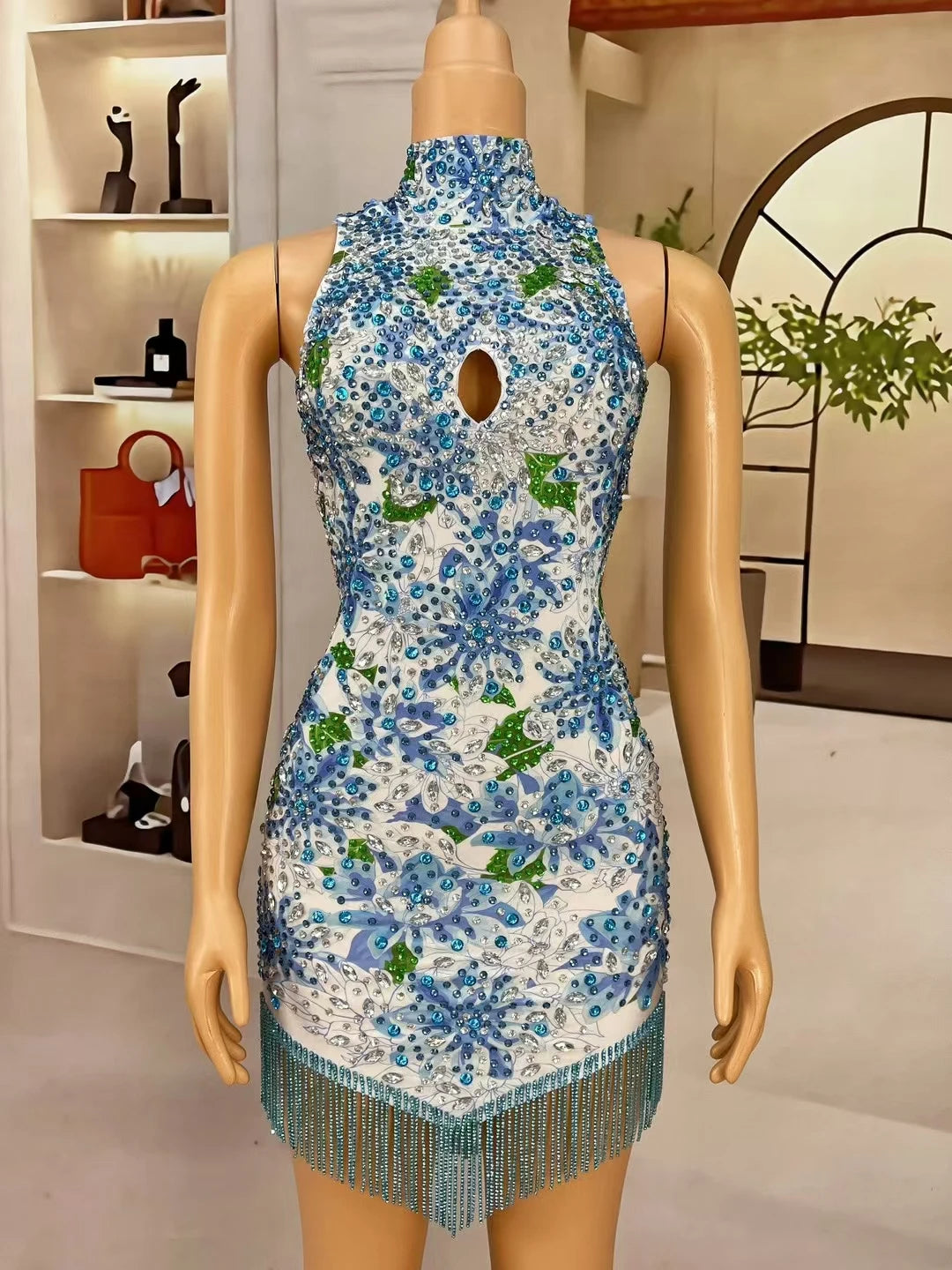 NEW Cheongsam Type Short Dress Sparkly Rhinestone Printing Tassel Elastic Mini Dress for Women Photo Shoot Sexy Dress Lancaihe