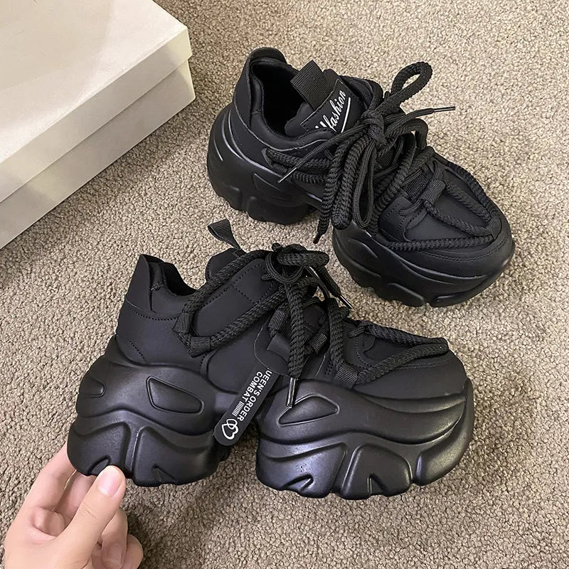 Women High Platform Sneakers 2023 New Autumn Breathable Chunky Dad Casual Shoes 7.5CM Thick Sole Trainers Leather Sneakers Woman